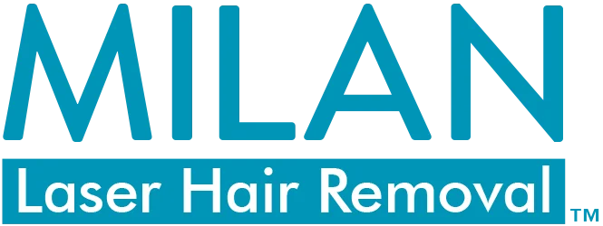 Tall Milan Laser Hair Removal logo with white and teal lettering. Milan is the largest laser hair removal company in the US